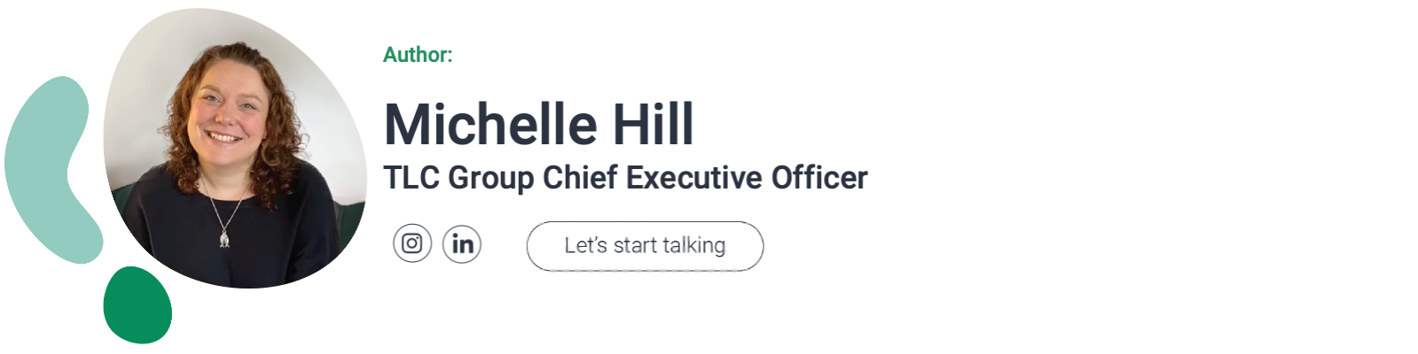 a masked branding shape with a portrait for Michelle Hill in.