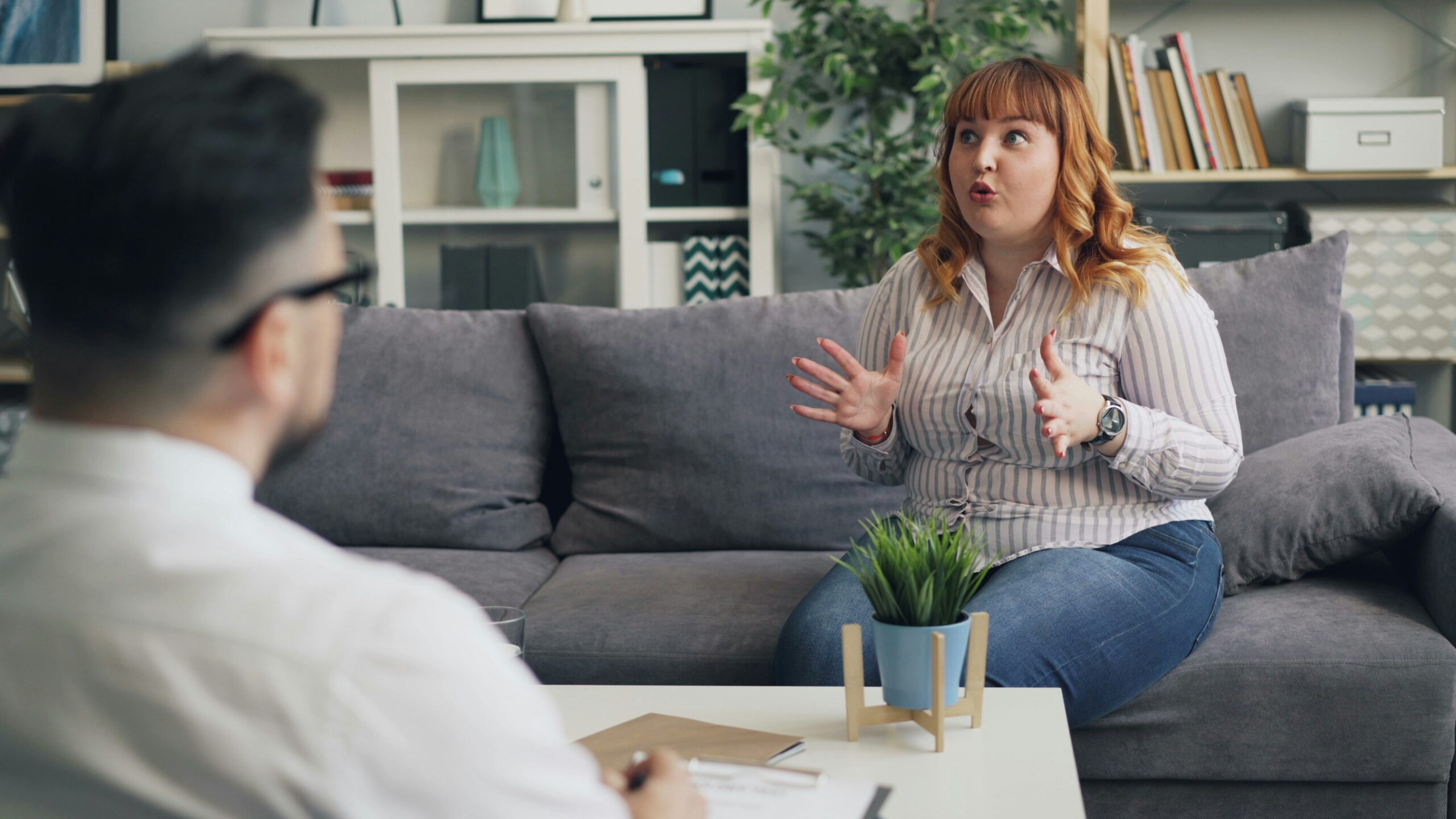 Two people face one another while sitting on couches. The one facing the camera appears to be speaking animatedly while the other listens attentively.